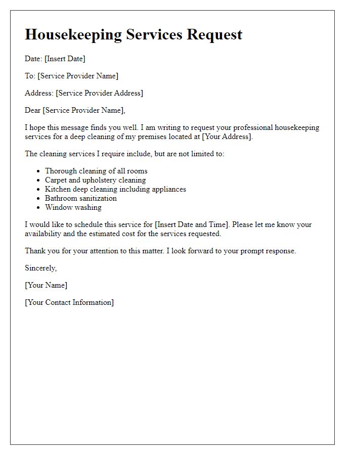 Letter template of housekeeping services for deep cleaning request