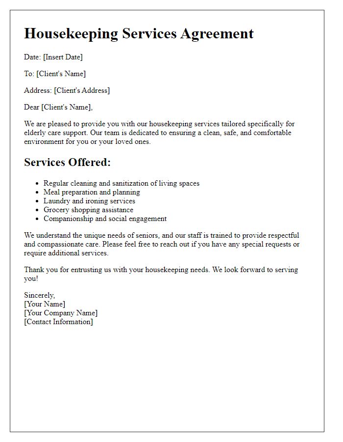 Letter template of housekeeping services for elderly care support