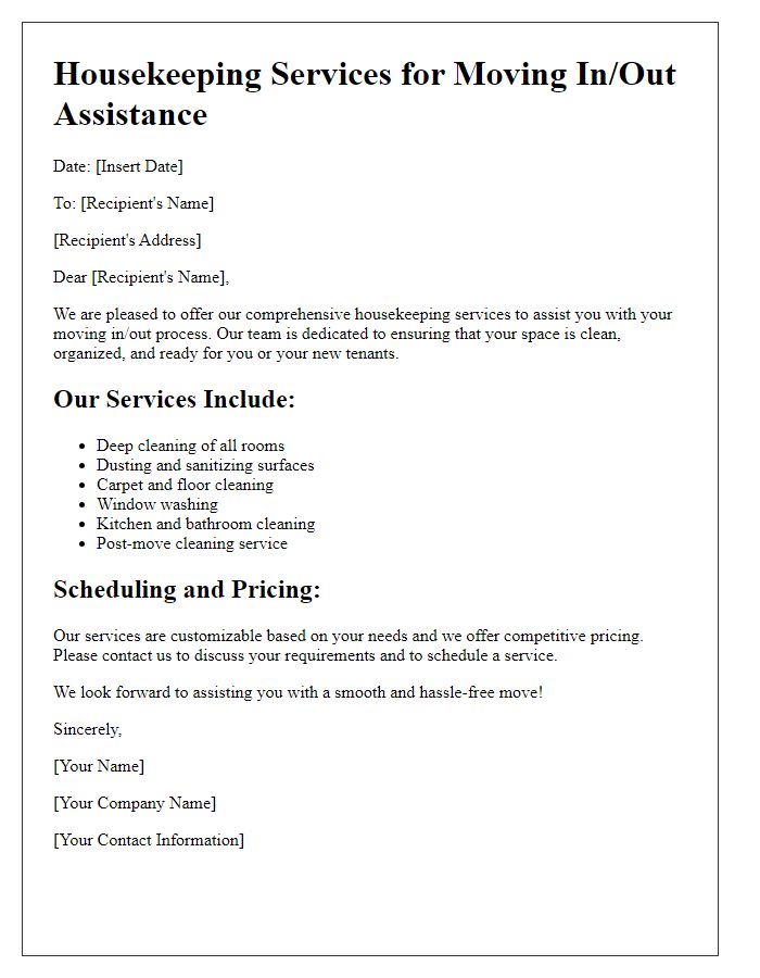 Letter template of housekeeping services for moving in/out assistance