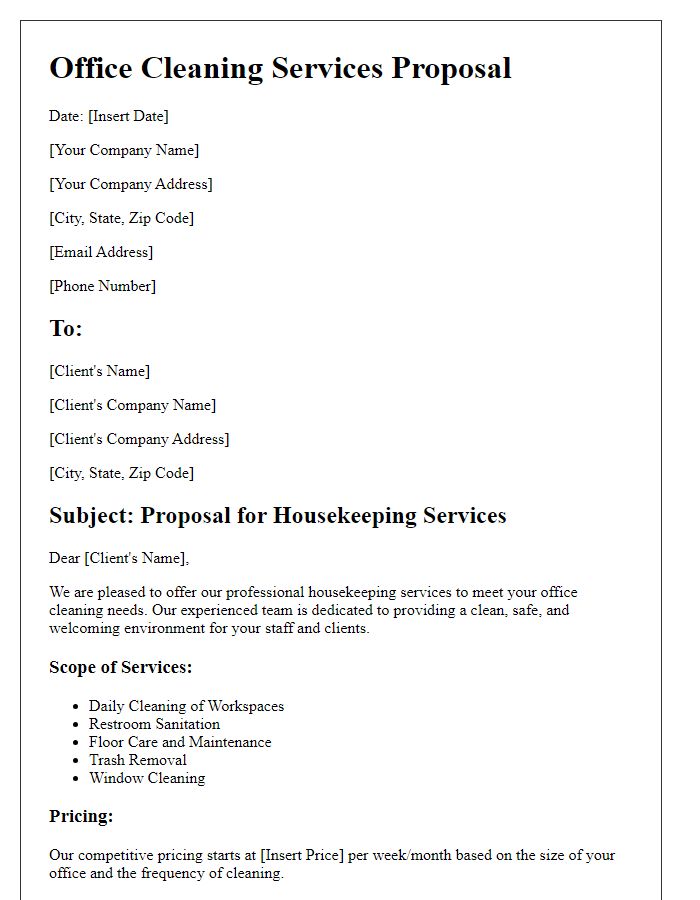 Letter template of housekeeping services for office cleaning needs