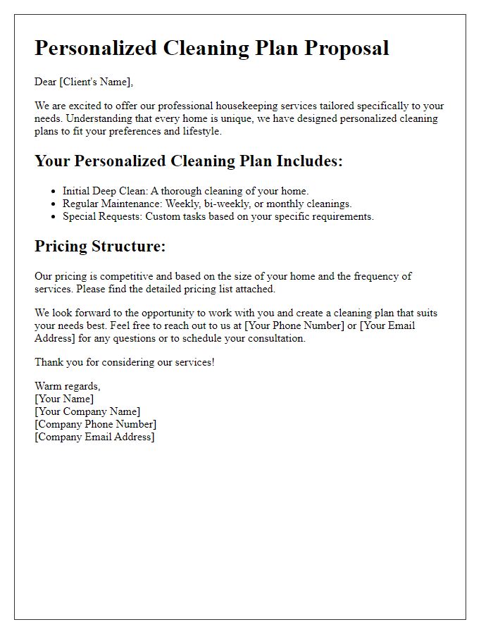 Letter template of housekeeping services for personalized cleaning plans