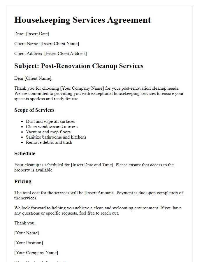 Letter template of housekeeping services for post-renovation cleanup