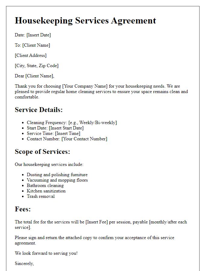 Letter template of housekeeping services for regular home cleaning