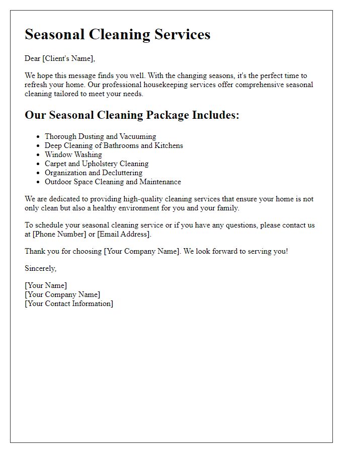 Letter template of housekeeping services for seasonal cleaning