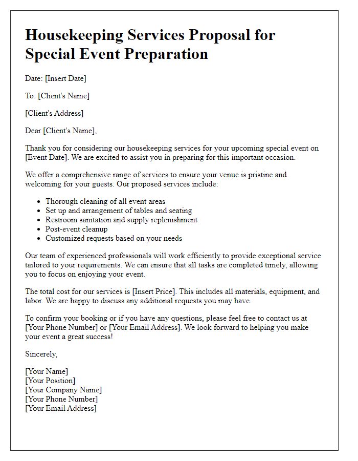 Letter template of housekeeping services for special event preparation