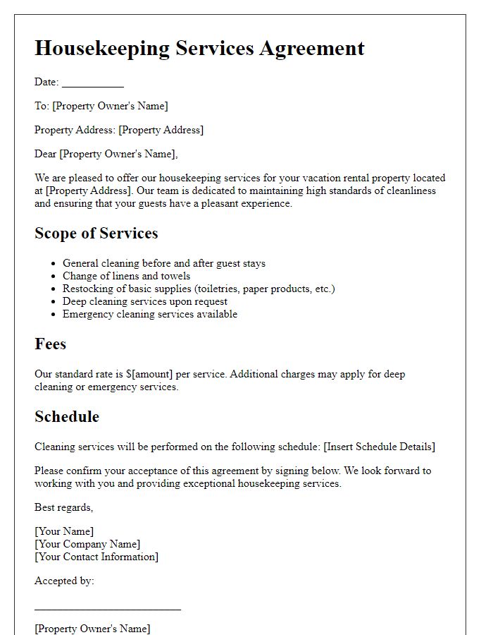 Letter template of housekeeping services for vacation rental management