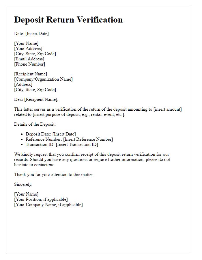 Letter template of Deposit Return Verification