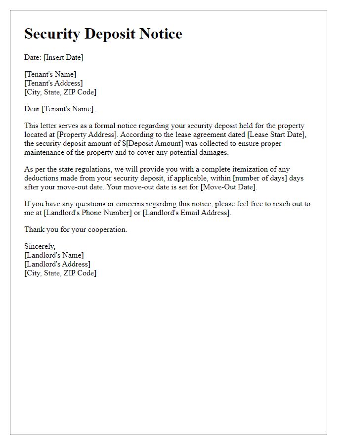 Letter template of Landlord Security Deposit Notice