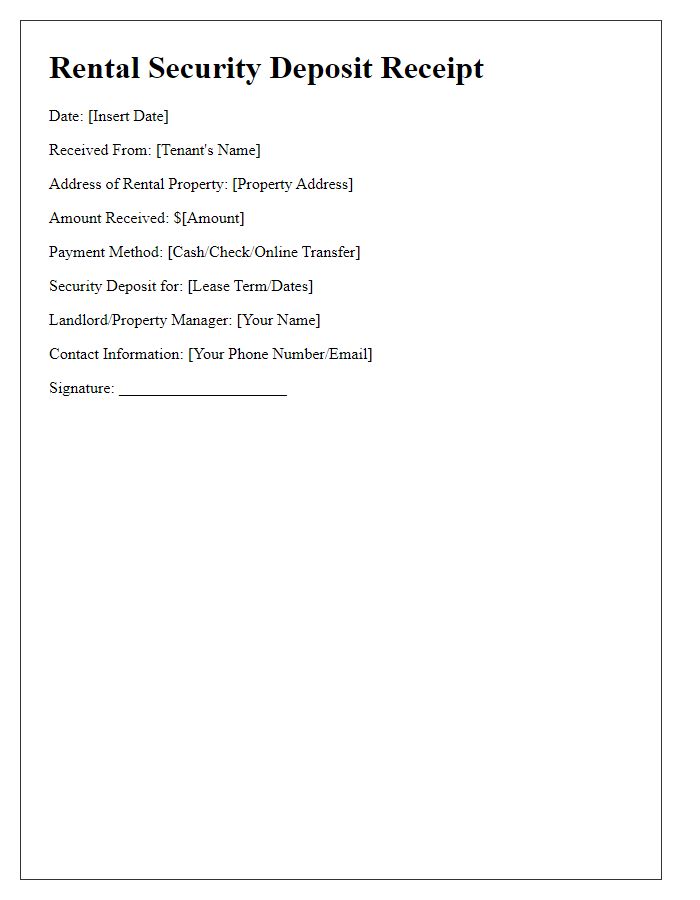 Letter template of Rental Security Deposit Receipt