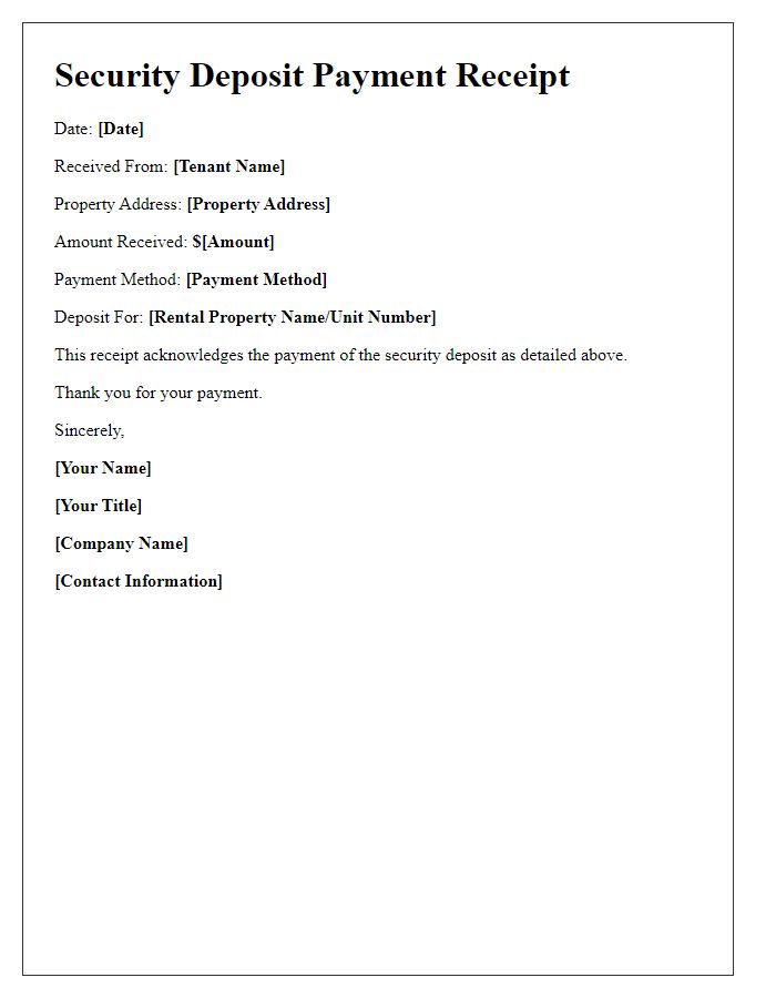 Letter template of Security Deposit Payment Receipt