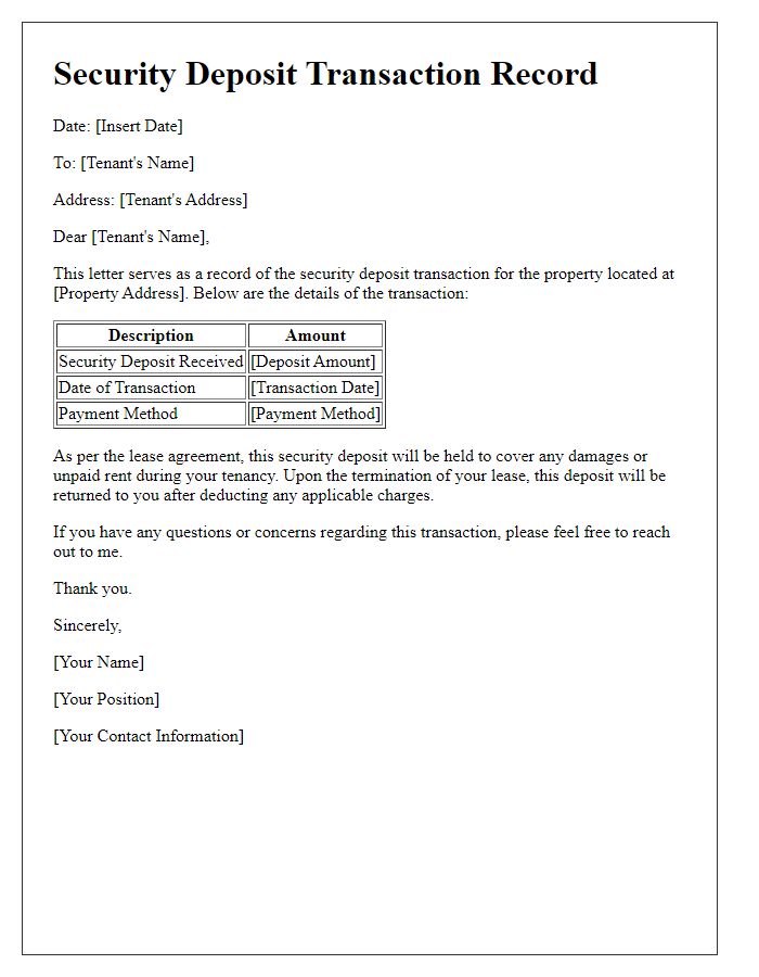 Letter template of Security Deposit Transaction Record