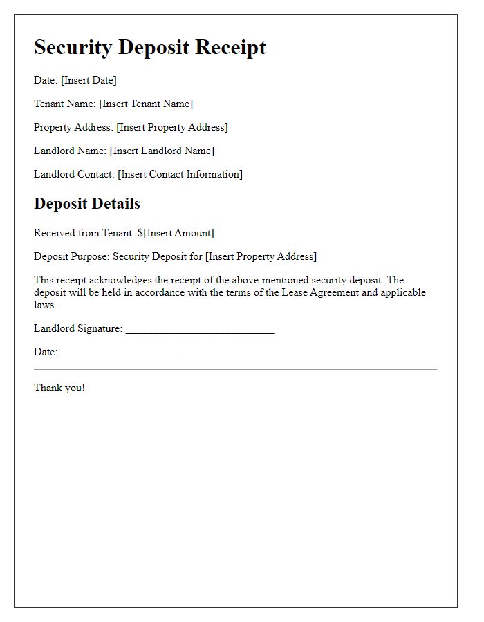 Letter template of Tenant Security Deposit Receipt