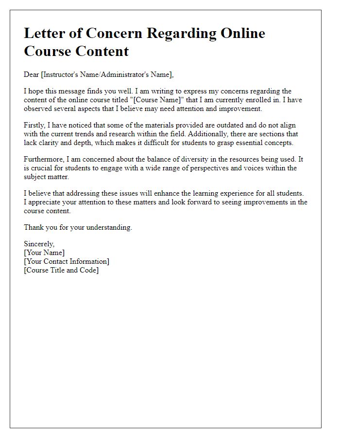 Letter template of concerns regarding online course content