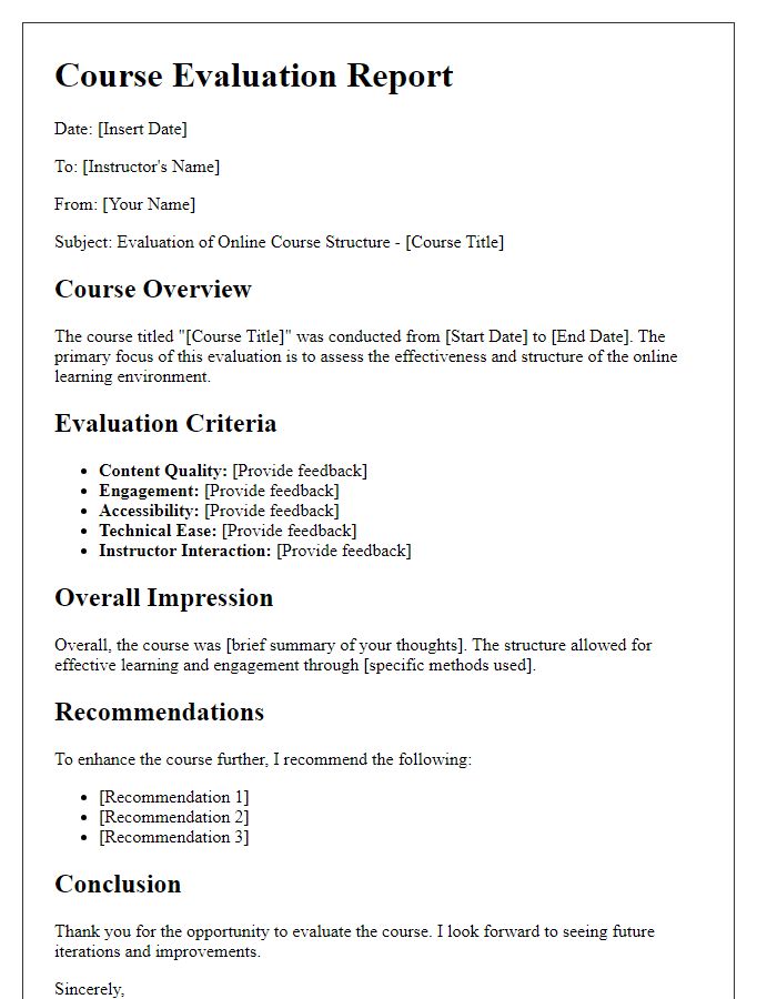 Letter template of evaluation for online course structure