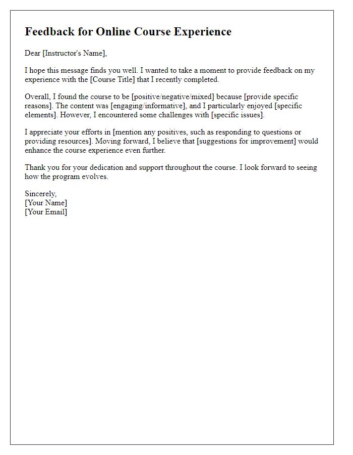Letter template of feedback for online course experience