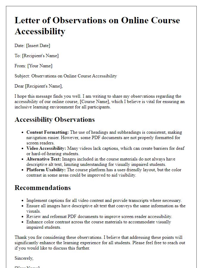 Letter template of observations on online course accessibility