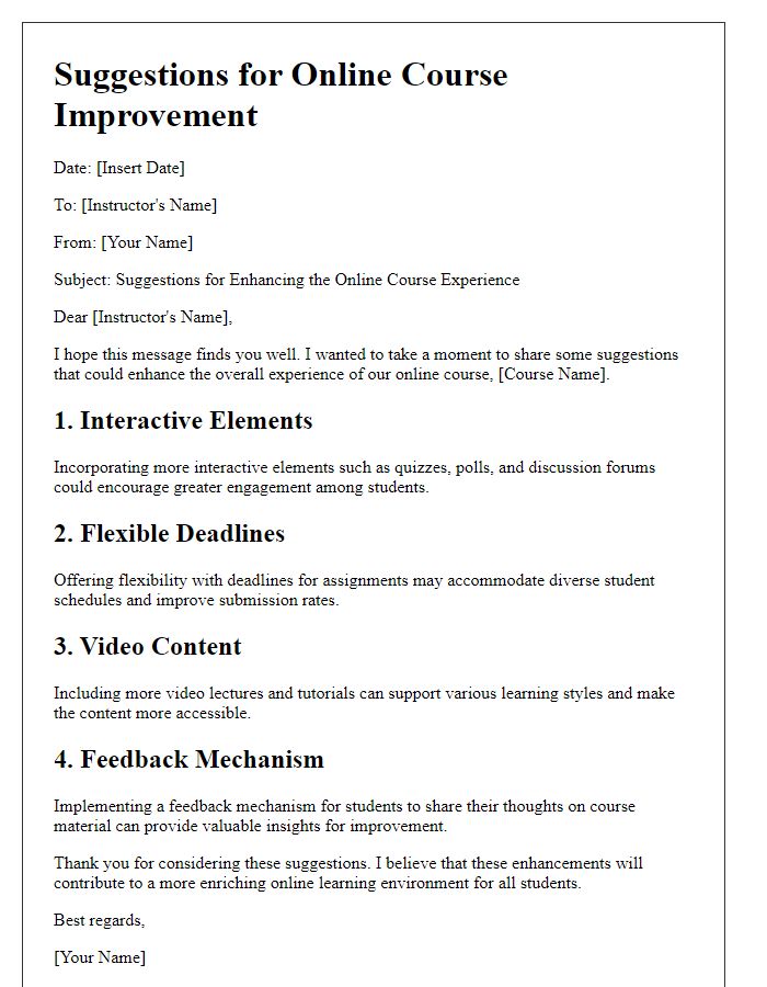 Letter template of suggestions for online course improvement