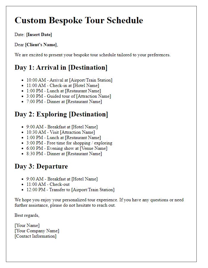 Letter template of bespoke tour schedule