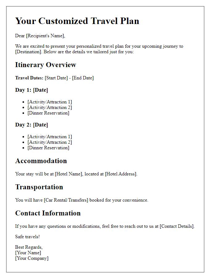 Letter template of customized travel plan