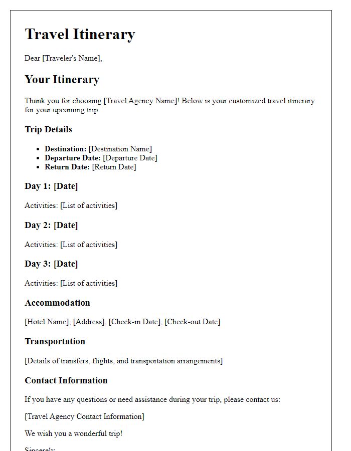 Letter template of designed travel itinerary