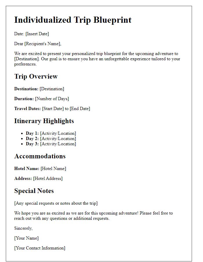 Letter template of individualized trip blueprint