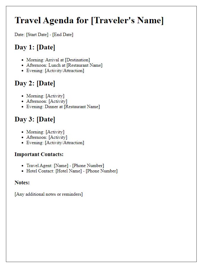 Letter template of personalized travel agenda