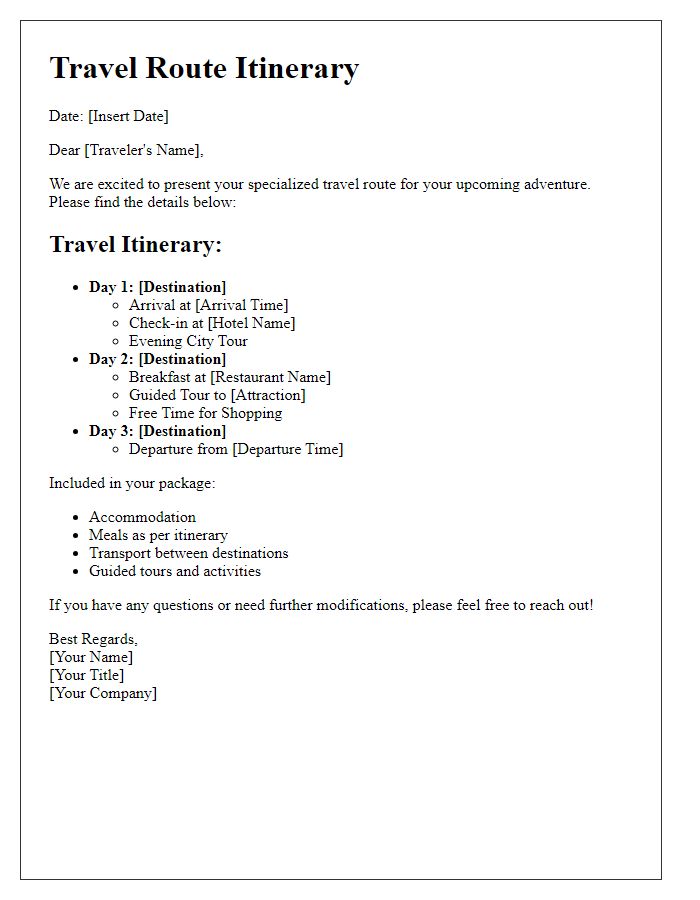 Letter template of specialized travel route