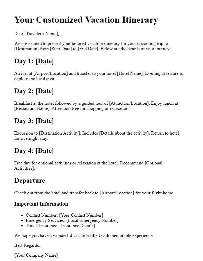 Letter template of tailored vacation itinerary