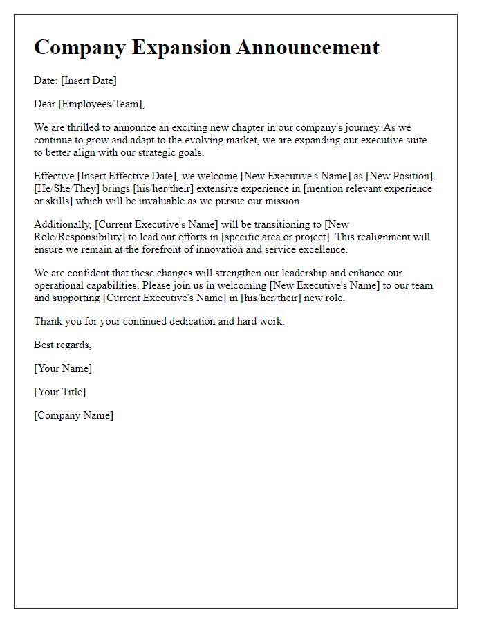 Letter template of executive suite announcement for company expansion