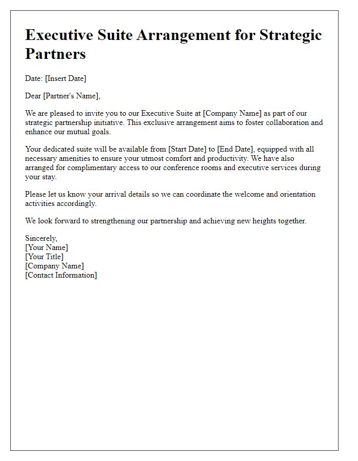 Letter template of executive suite arrangement for strategic partners