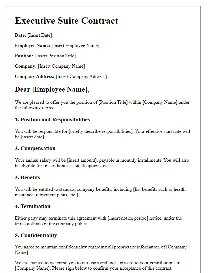 Letter template of executive suite contract for leadership roles