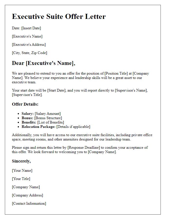 Letter template of executive suite offer for corporate executives