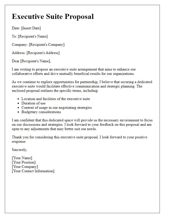 Letter template of executive suite proposal for business negotiations