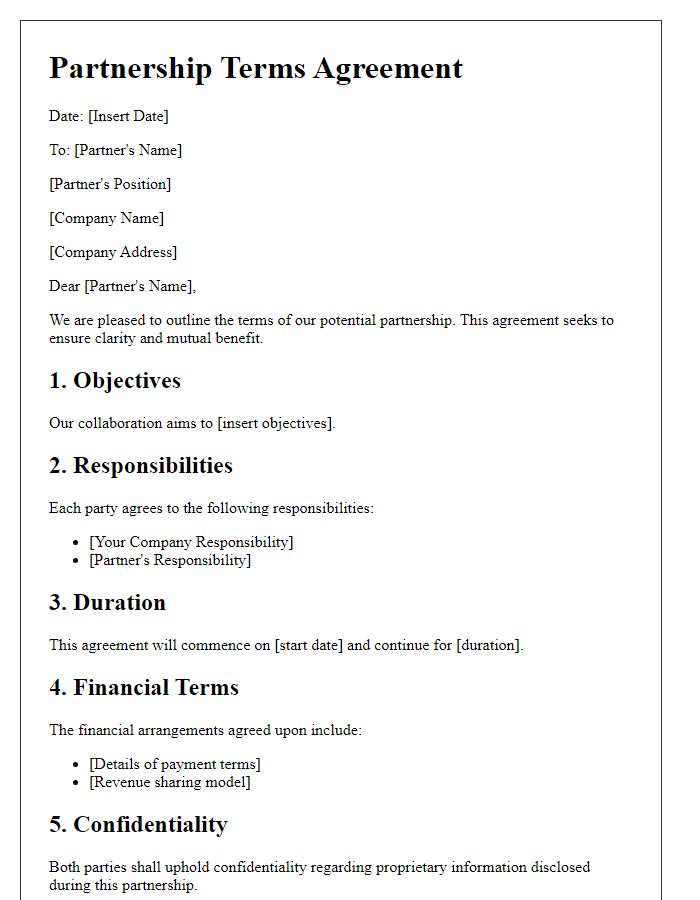 Letter template of executive suite terms for new partnerships