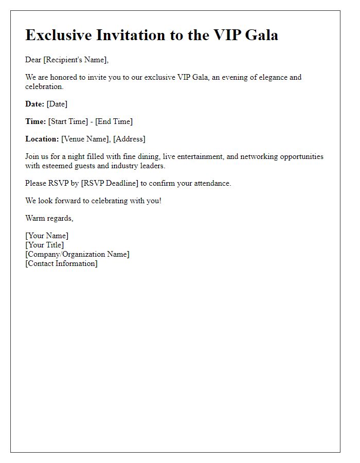 Letter template of exclusive invitation for VIP gala.