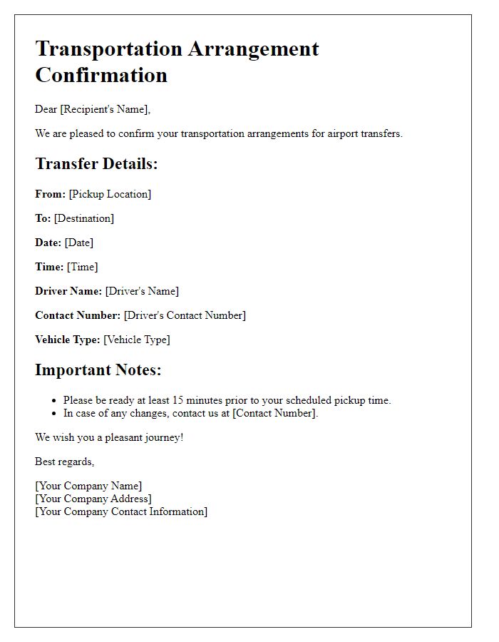 Letter template of transportation arrangement confirmation for airport transfers.