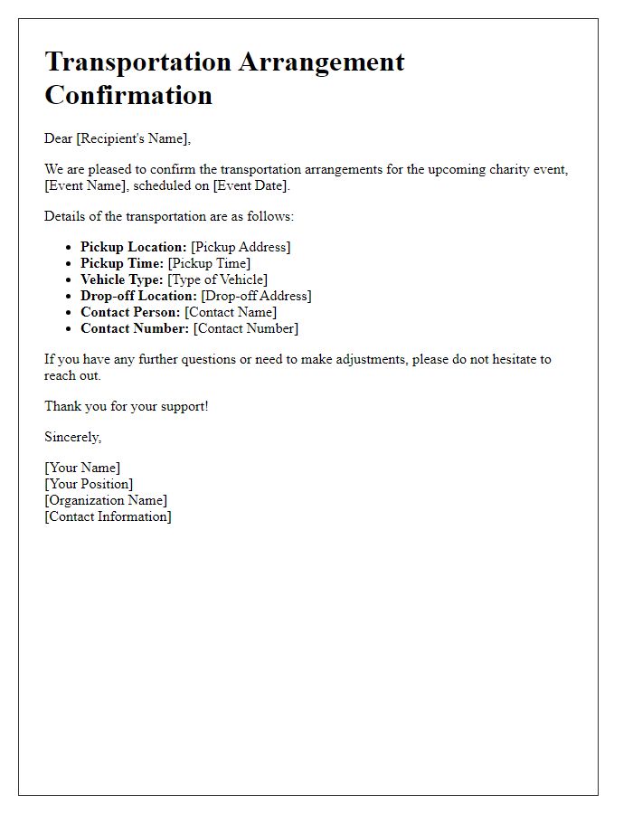 Letter template of transportation arrangement confirmation for charity events.