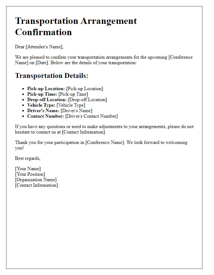 Letter template of transportation arrangement confirmation for conference attendees.