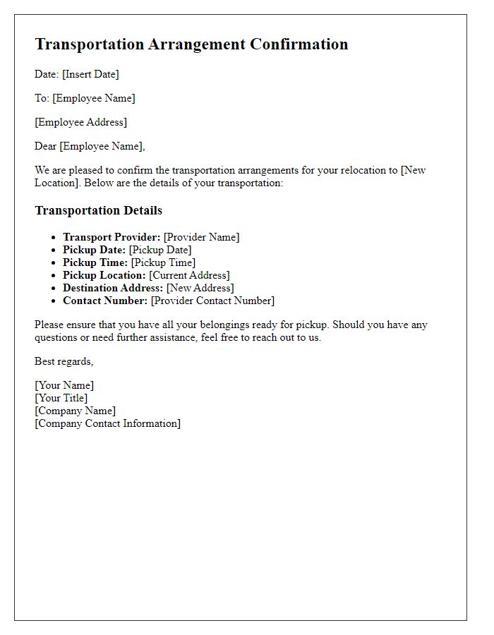 Letter template of transportation arrangement confirmation for employee relocation.