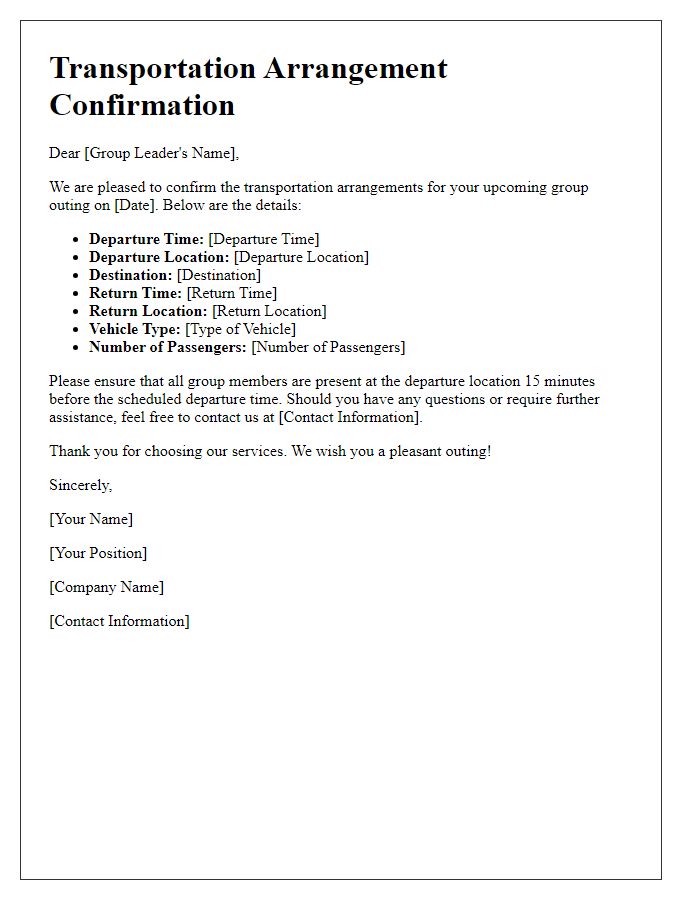 Letter template of transportation arrangement confirmation for group outings.