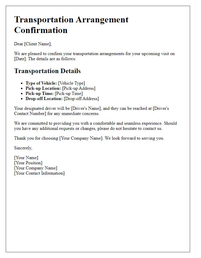 Letter template of transportation arrangement confirmation for VIP clients.