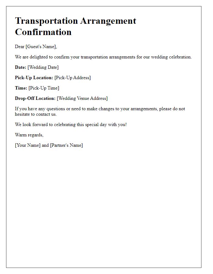 Letter template of transportation arrangement confirmation for wedding guests.