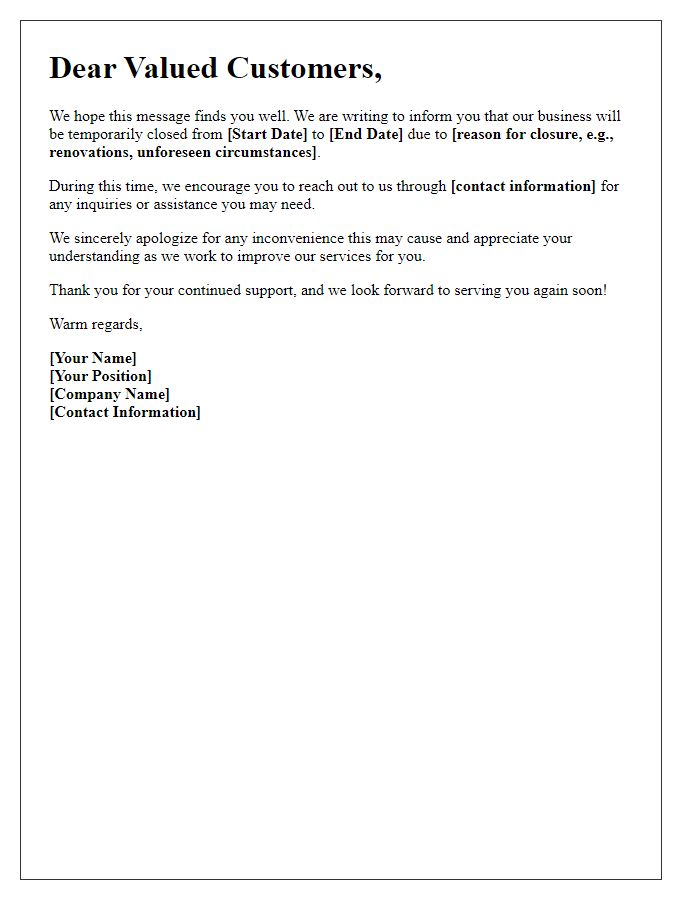 Letter template of temporary closure announcement for customers.