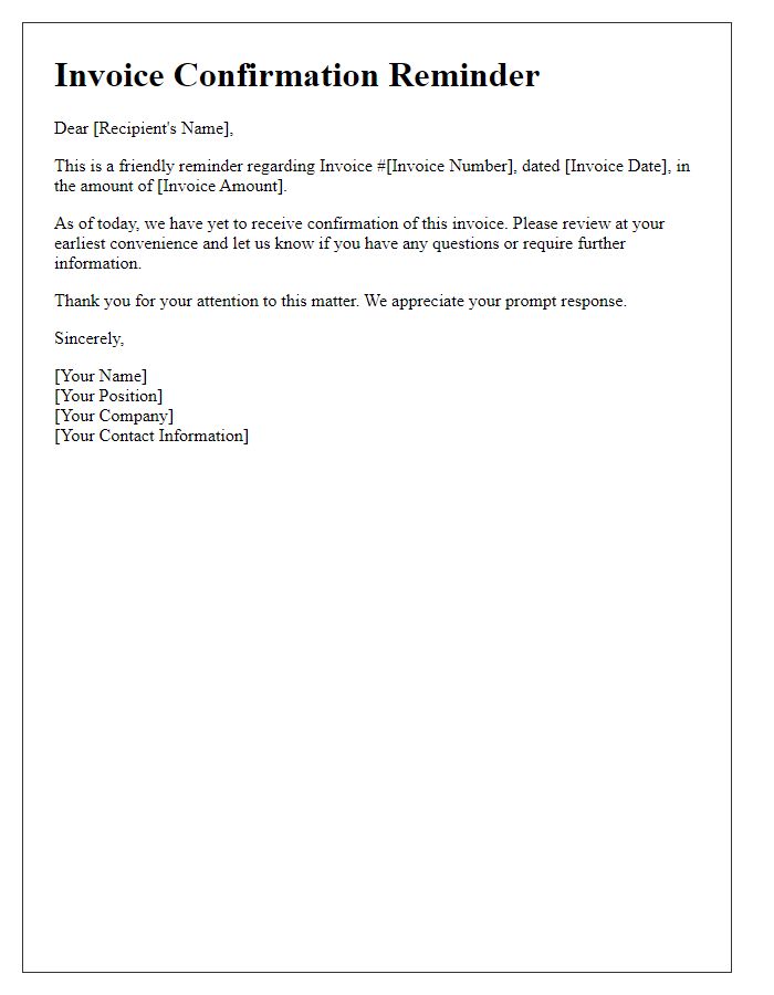Letter template of invoice confirmation reminder