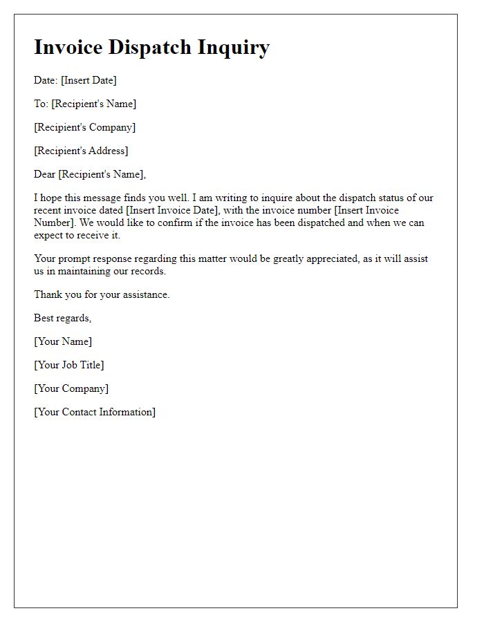 Letter template of invoice dispatch inquiry