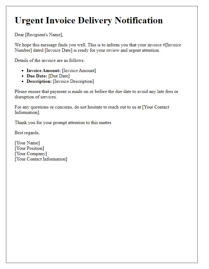 Letter template of urgent invoice delivery notification