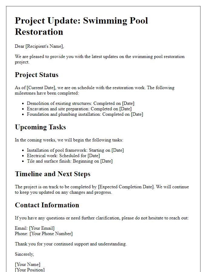 Letter template of construction update for swimming pool restoration