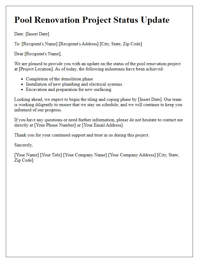 Letter template of pool renovation project status