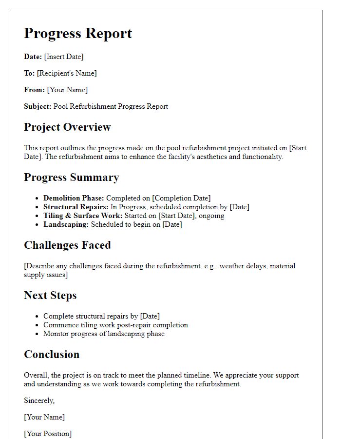 Letter template of progress report for pool refurbishment