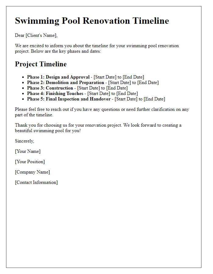 Letter template of renovation timeline for swimming pool project